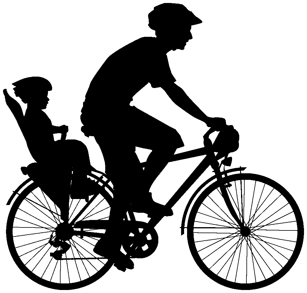 Silhouette d'un homme &agrave; v&eacute;lo avec un b&eacute;b&eacute; a l'arriere